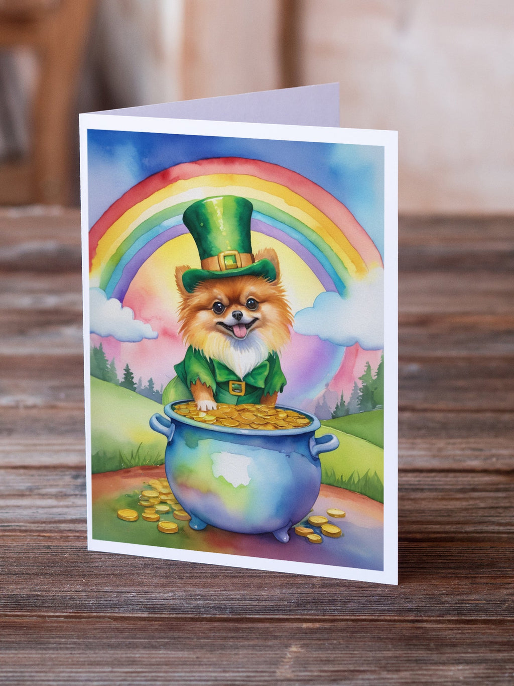 Pomeranian St Patrick's Day Greeting Cards Pack of 8 Blank Cards with Envelopes Whimsical A7 Size 5x7