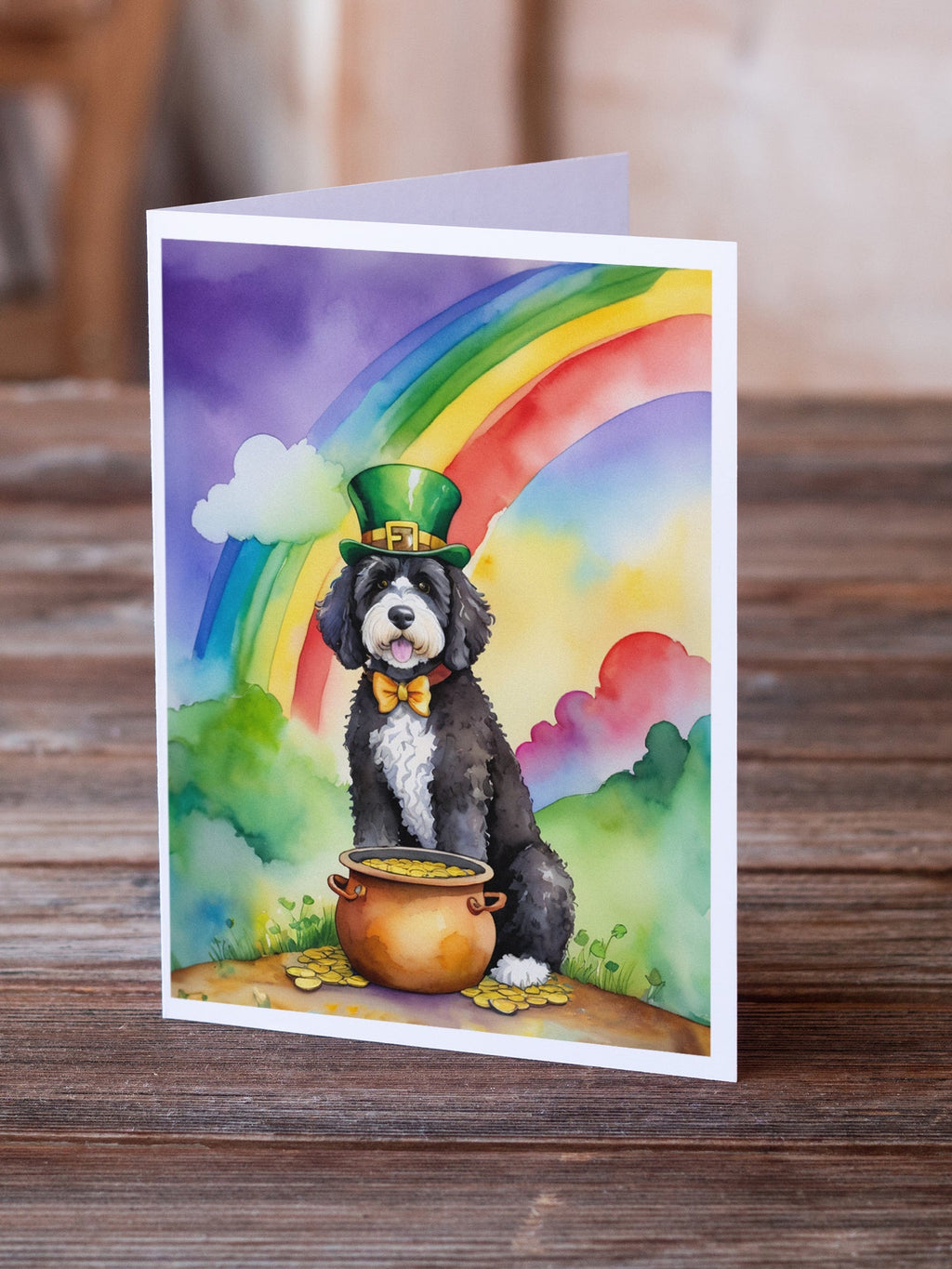 Portuguese Water Dog St Patrick's Day Greeting Cards Pack of 8 Blank Cards with Envelopes Whimsical A7 Size 5x7