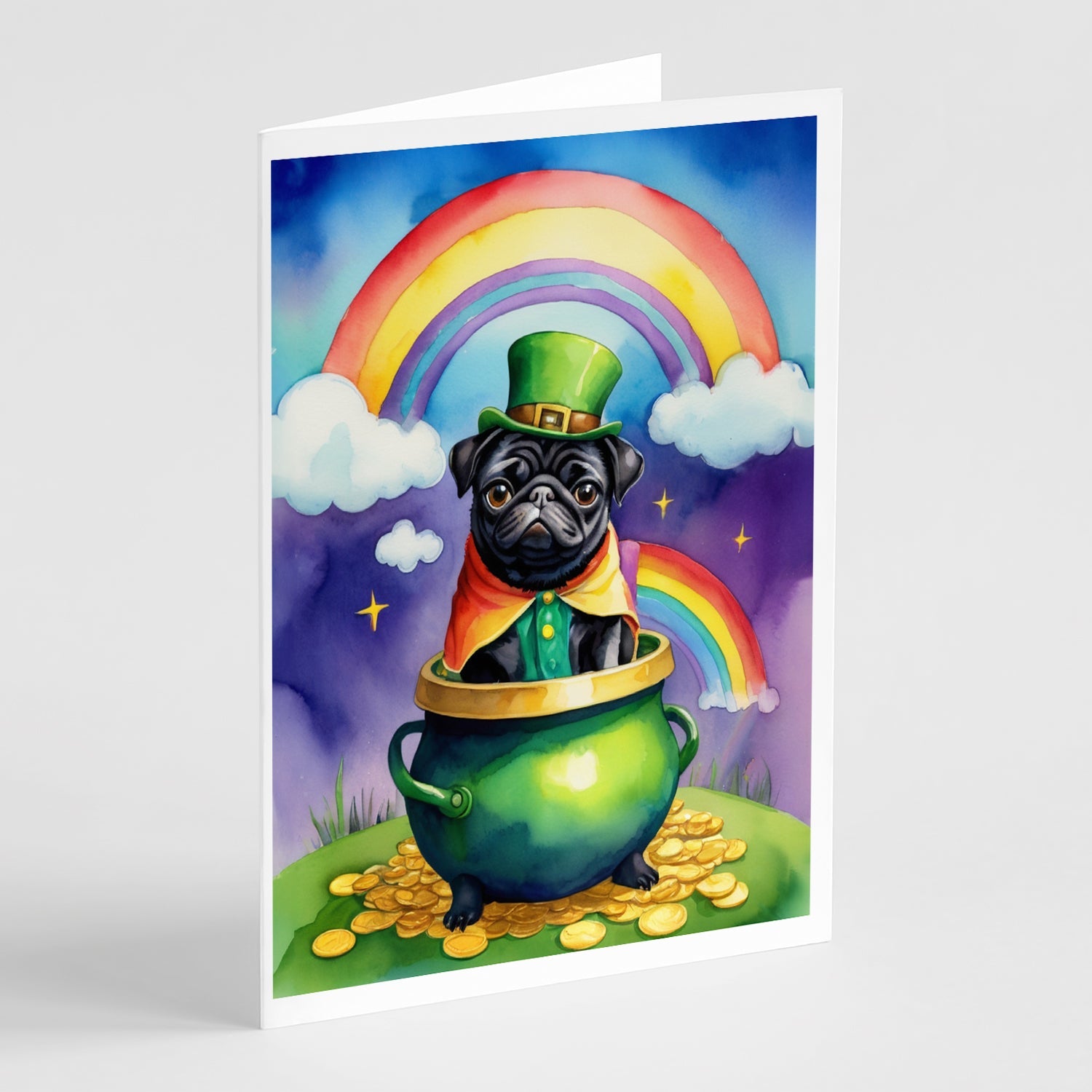 Pug St Patrick's Day Greeting Cards Pack of 8 Blank Cards with Envelopes Whimsical A7 Size 5x7