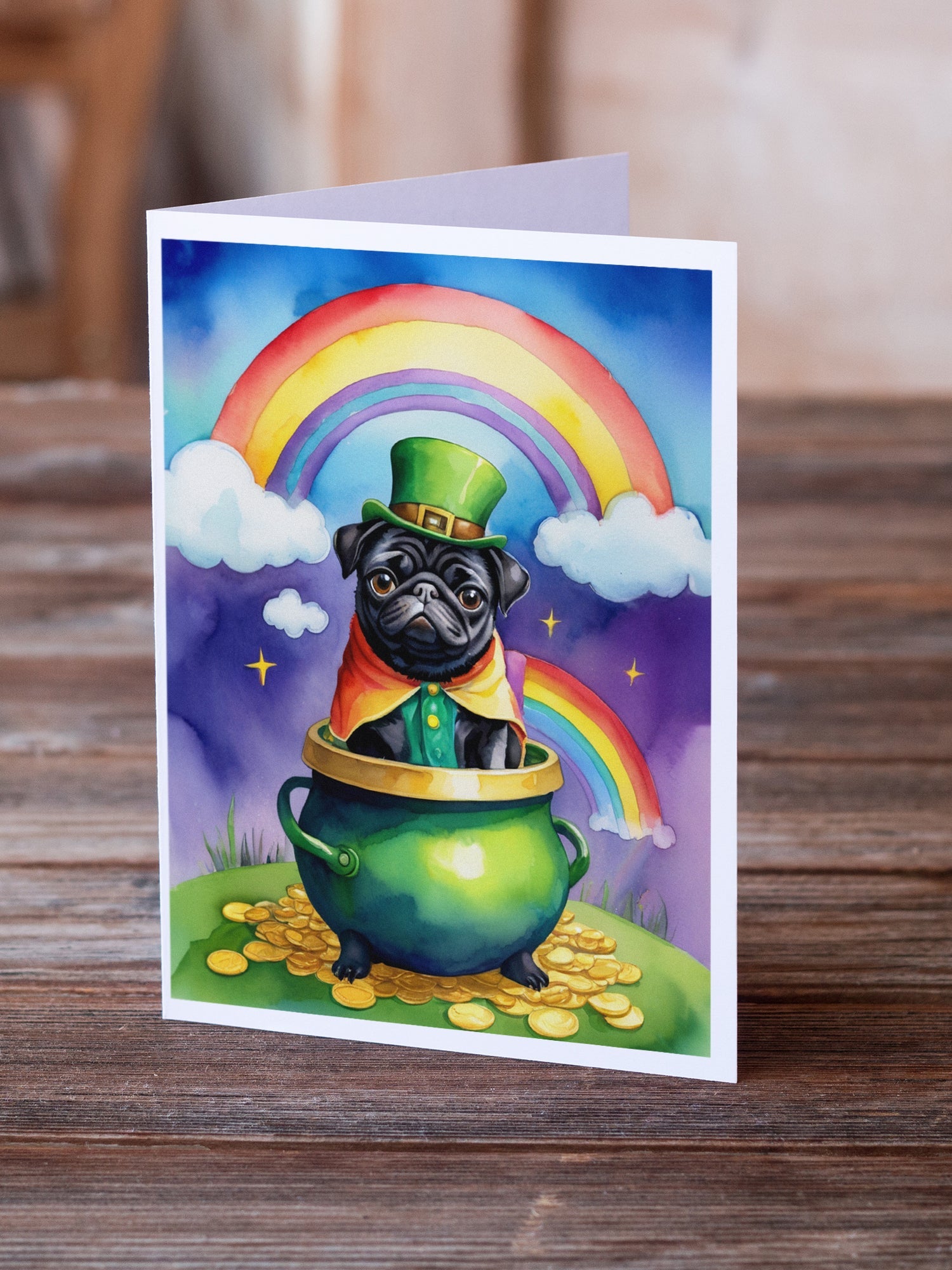 Pug St Patrick's Day Greeting Cards Pack of 8 Blank Cards with Envelopes Whimsical A7 Size 5x7