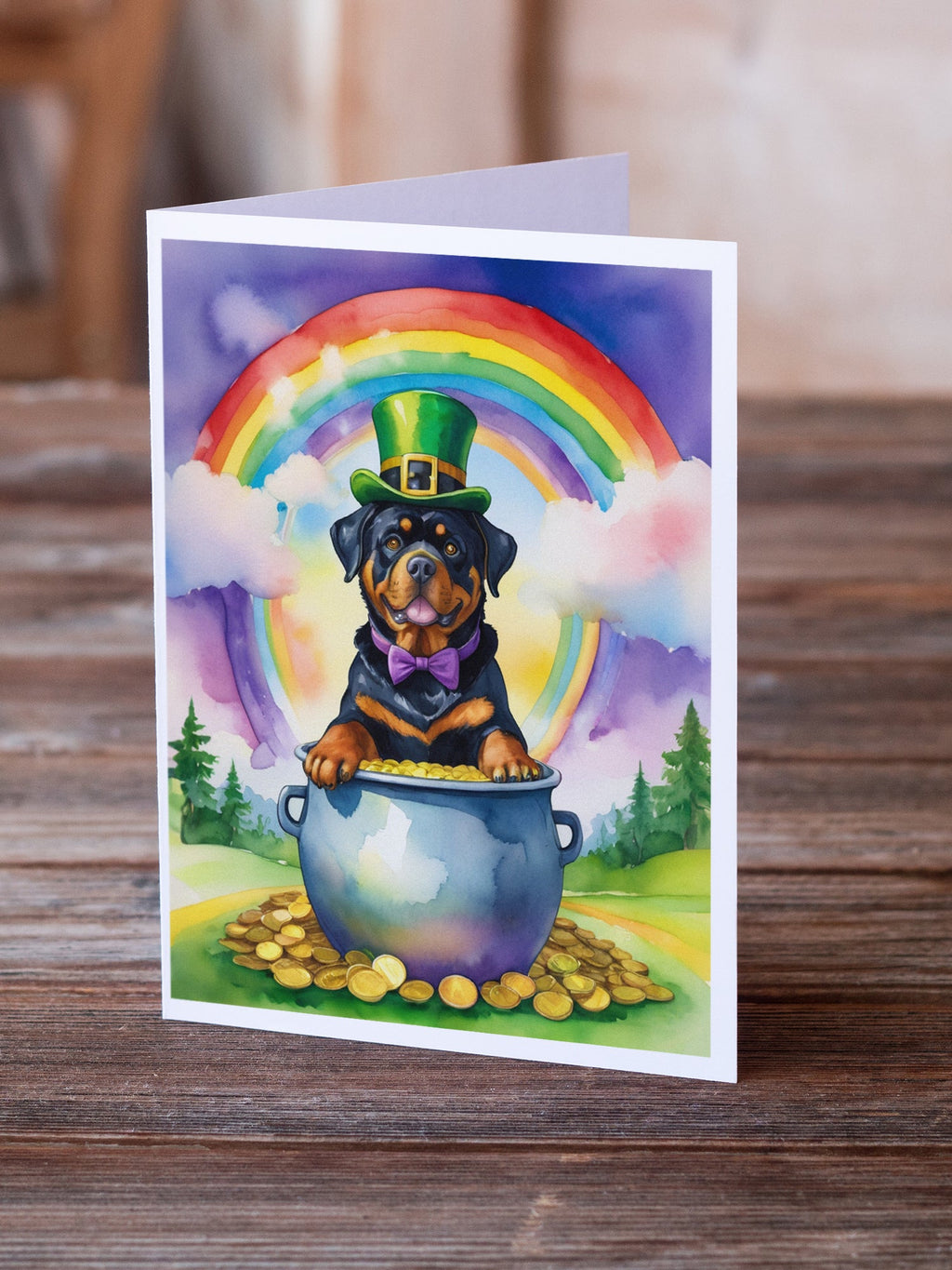 Rottweiler St Patrick's Day Greeting Cards Pack of 8 Blank Cards with Envelopes Whimsical A7 Size 5x7