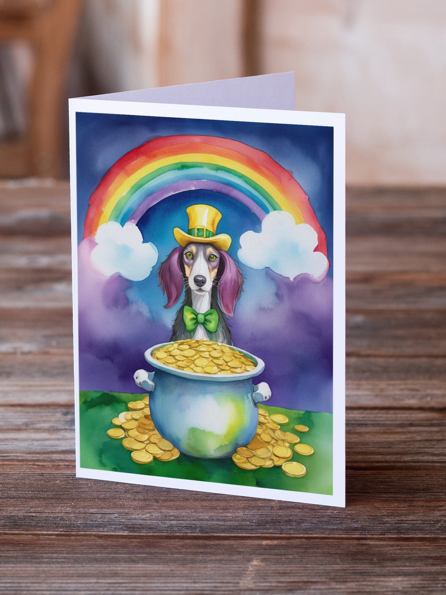 Saluki St Patrick's Day Greeting Cards Pack of 8 Blank Cards with Envelopes Whimsical A7 Size 5x7