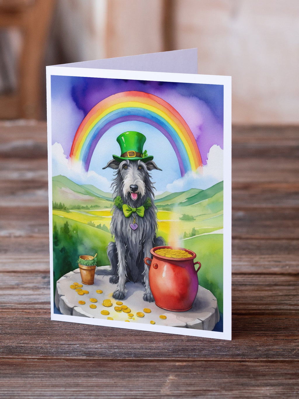 Scottish Deerhound St Patrick's Day Greeting Cards Pack of 8 Blank Cards with Envelopes Whimsical A7 Size 5x7