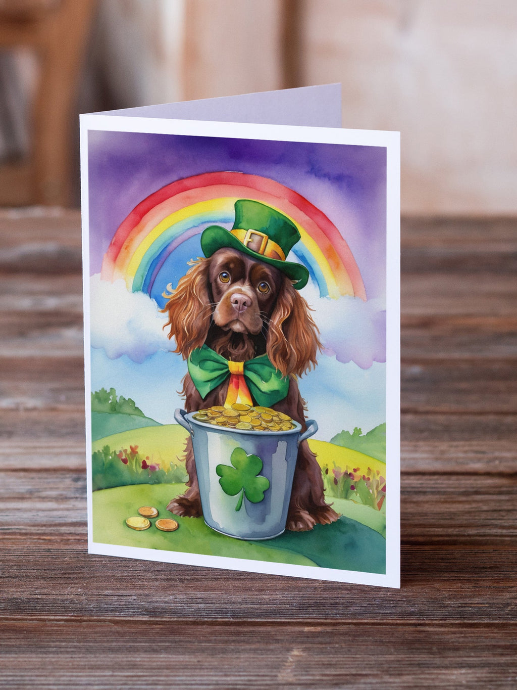 Sussex Spaniel St Patrick's Day Greeting Cards Pack of 8 Blank Cards with Envelopes Whimsical A7 Size 5x7