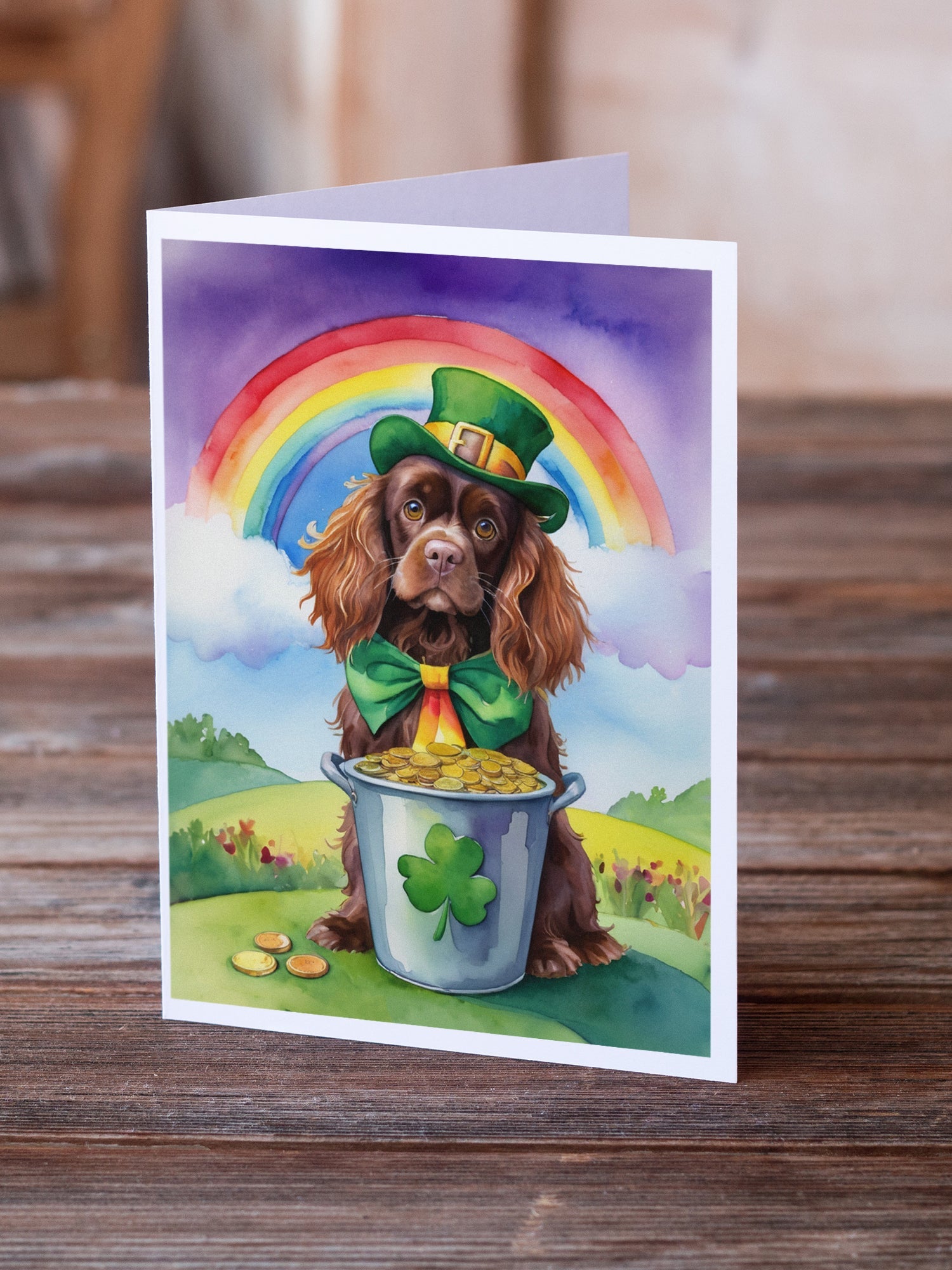 Sussex Spaniel St Patrick's Day Greeting Cards Pack of 8 Blank Cards with Envelopes Whimsical A7 Size 5x7