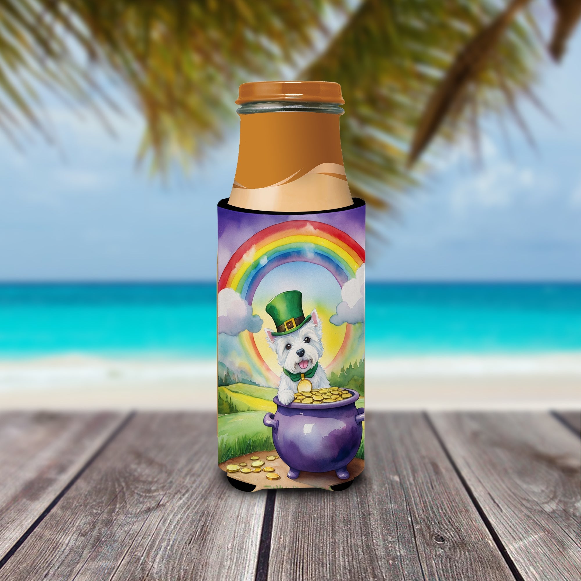 Westie St Patrick's Day Slim Can Hugger , Insulated Foam Hugger for 12 oz Slim Cans, Beer Bottles & Water Bottles, Printed in USA
