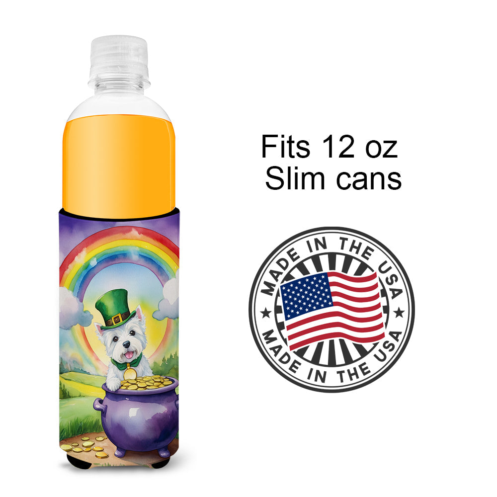 Westie St Patrick's Day Slim Can Hugger , Insulated Foam Hugger for 12 oz Slim Cans, Beer Bottles & Water Bottles, Printed in USA