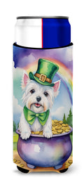 Westie St Patrick's Day Slim Can Hugger , Insulated Foam Hugger for 12 oz Slim Cans, Beer Bottles & Water Bottles, Printed in USA