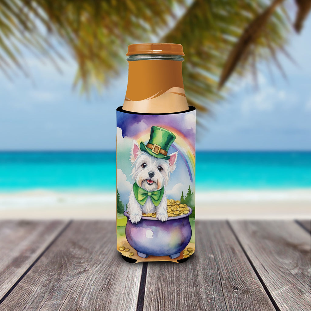 Westie St Patrick's Day Slim Can Hugger , Insulated Foam Hugger for 12 oz Slim Cans, Beer Bottles & Water Bottles, Printed in USA
