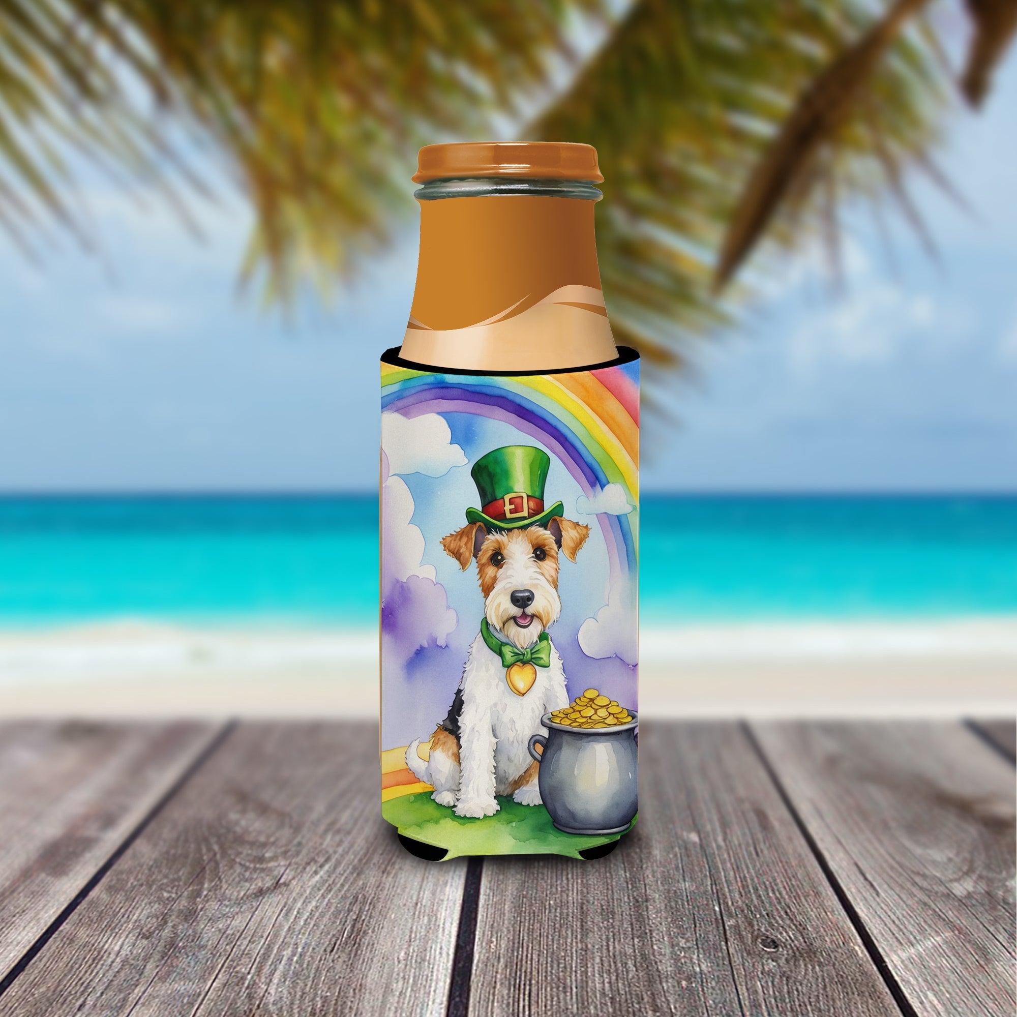 Fox Terrier St Patrick's Day Slim Can Hugger , Insulated Foam Hugger for 12 oz Slim Cans, Beer Bottles & Water Bottles, Printed in USA