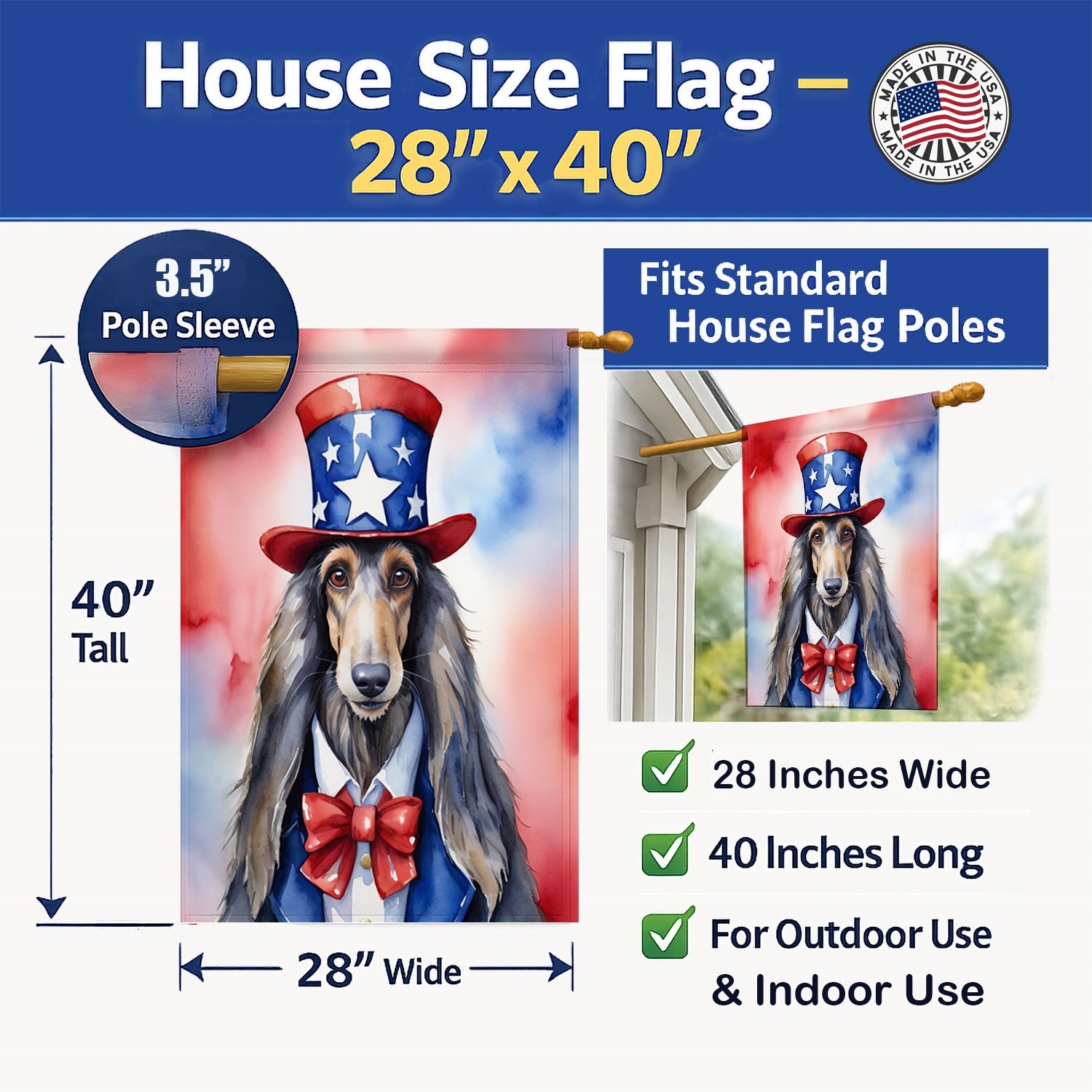 Afghan Hound Patriotic American House Flag 28x40 Porch Sleeve Pole Decorative Outside Yard Banner Artwork Wall Hanging, Polyester