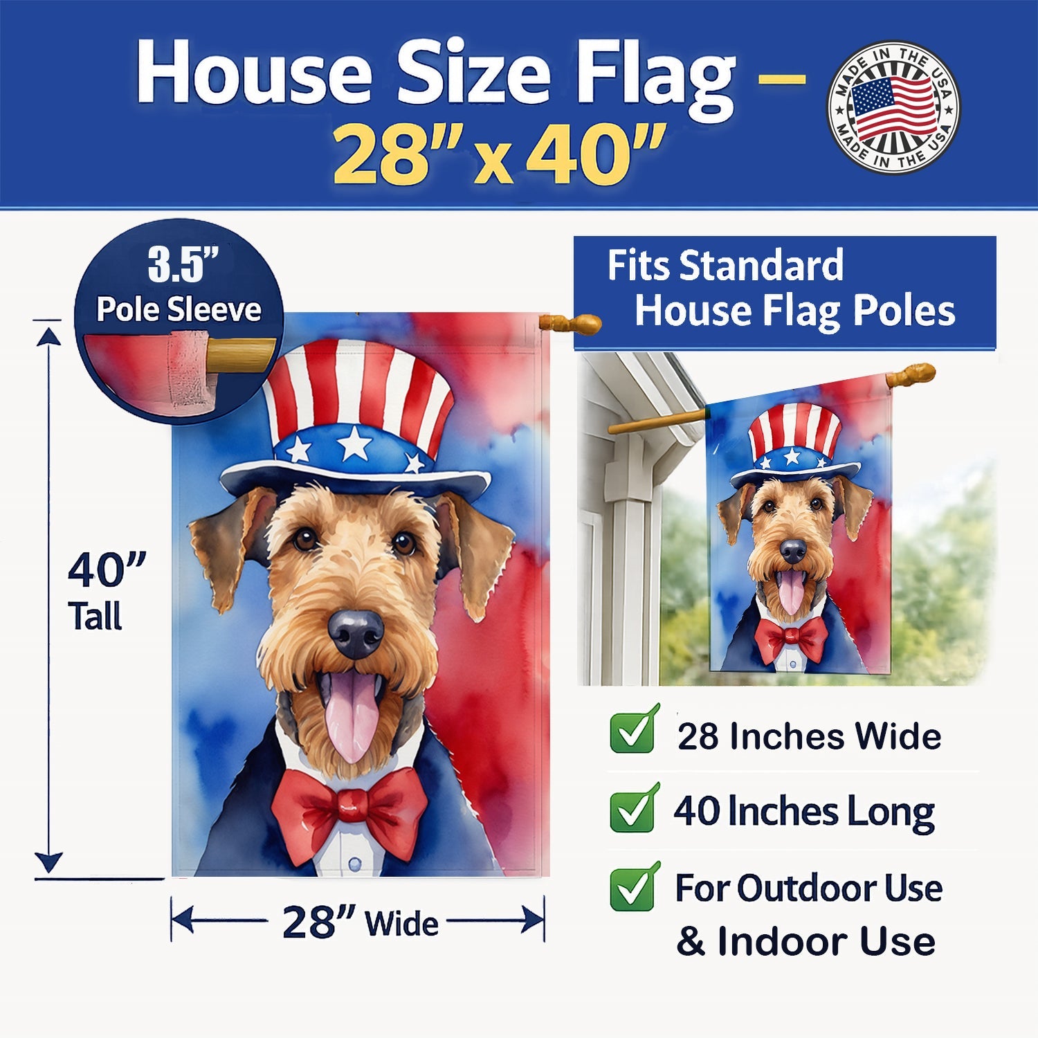 Airedale Terrier Patriotic American House Flag 28x40 Porch Sleeve Pole Decorative Outside Yard Banner Artwork Wall Hanging, Polyester