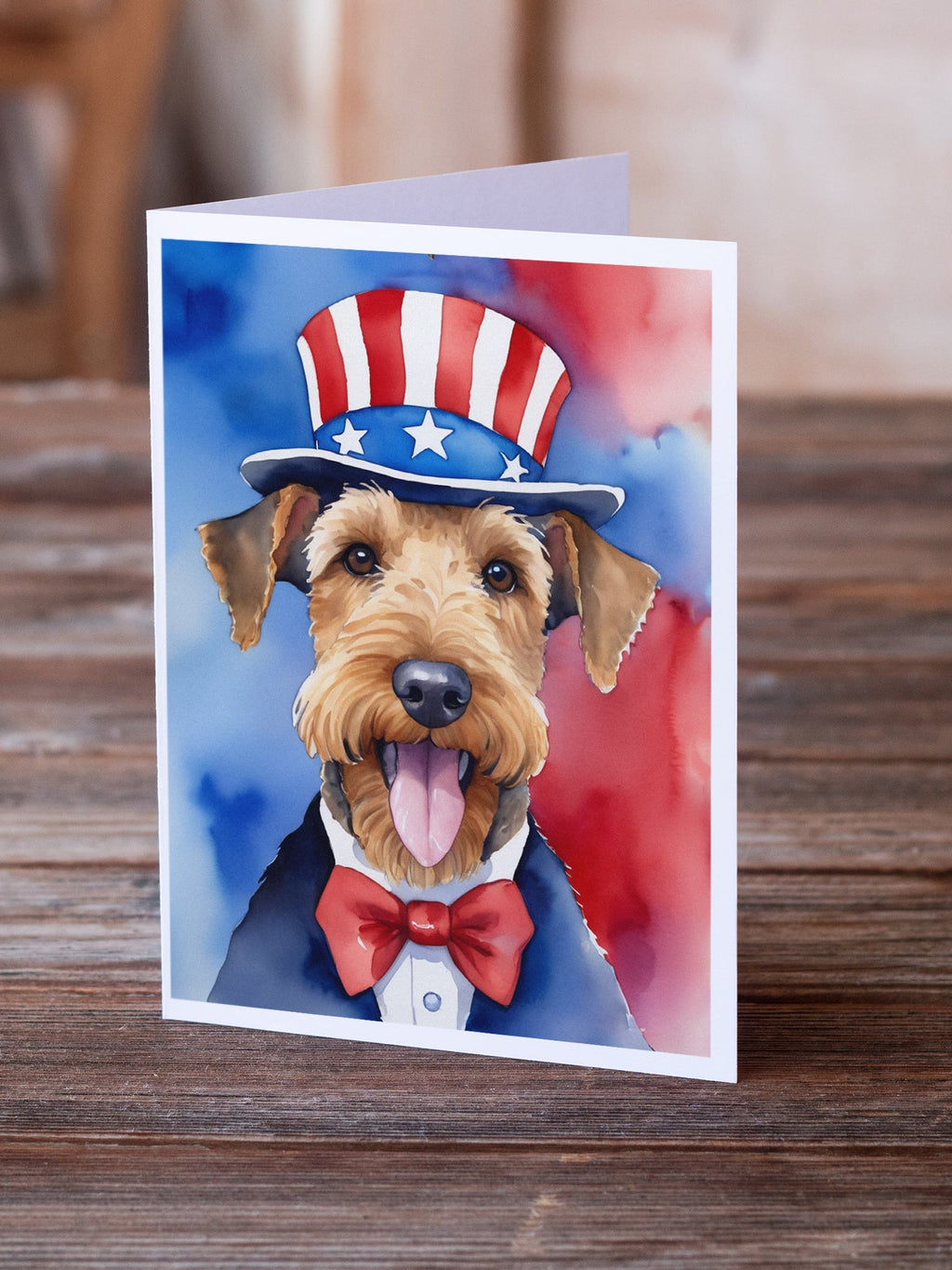Airedale Terrier Patriotic American Greeting Cards Pack of 8 Blank Cards with Envelopes Whimsical A7 Size 5x7