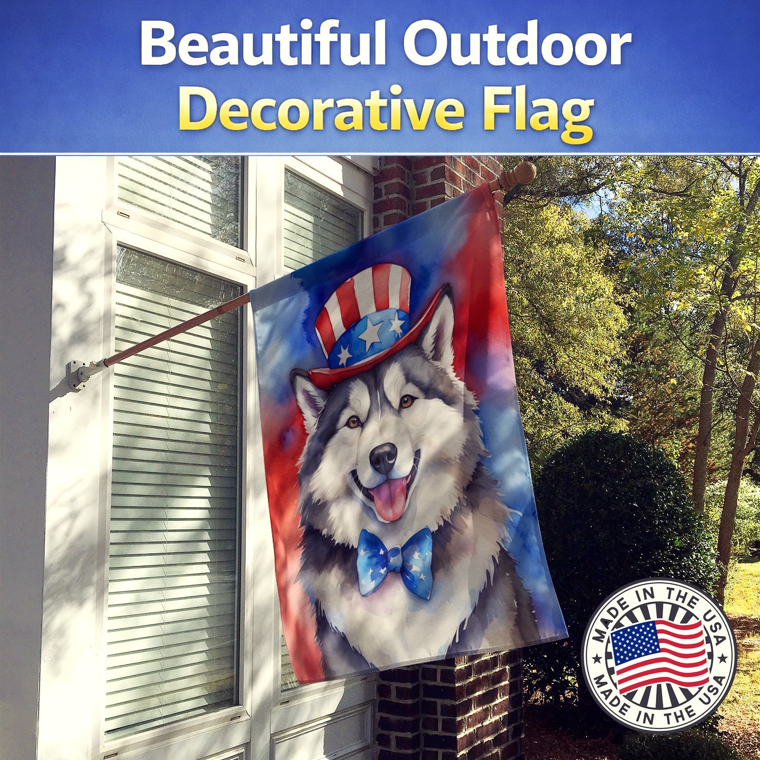 Alaskan Malamute Patriotic American House Flag 28x40 Porch Sleeve Pole Decorative Outside Yard Banner Artwork Wall Hanging, Polyester