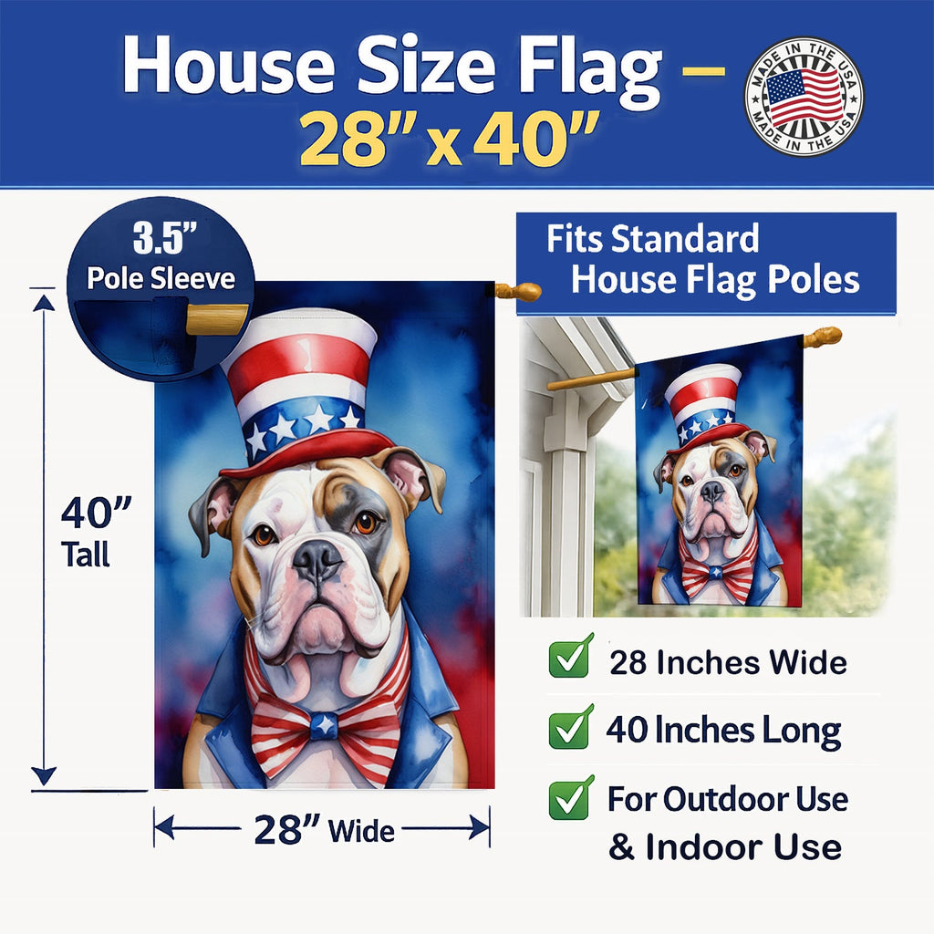 American Bulldog Patriotic American House Flag 28x40 Porch Sleeve Pole Decorative Outside Yard Banner Artwork Wall Hanging, Polyester