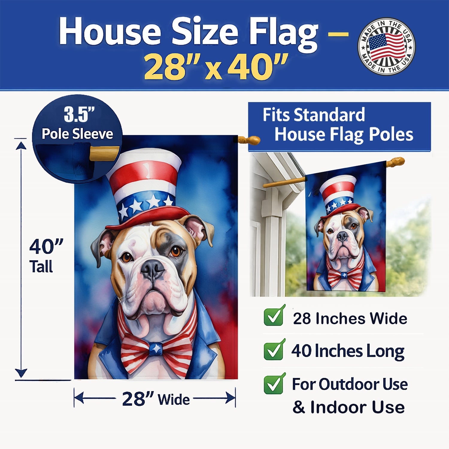 American Bulldog Patriotic American House Flag 28x40 Porch Sleeve Pole Decorative Outside Yard Banner Artwork Wall Hanging, Polyester