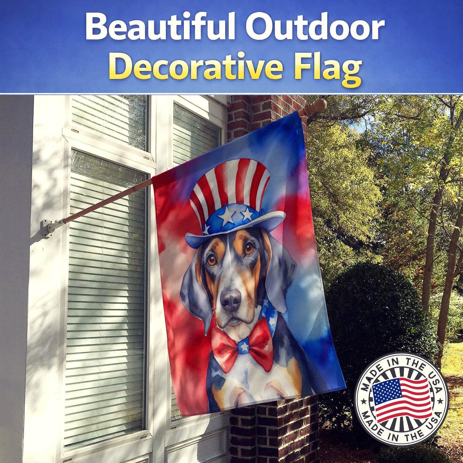 American English Coonhound Patriotic American House Flag 28x40 Porch Sleeve Pole Decorative Outside Yard Banner Artwork Wall Hanging, Polyester
