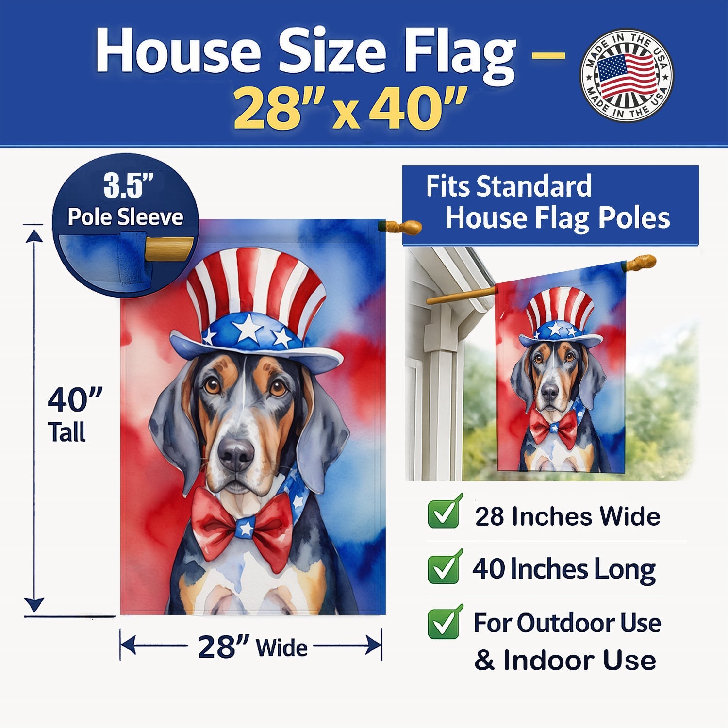 American English Coonhound Patriotic American House Flag 28x40 Porch Sleeve Pole Decorative Outside Yard Banner Artwork Wall Hanging, Polyester