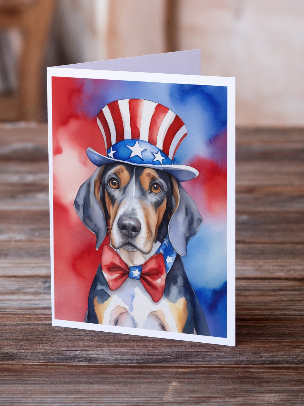 American English Coonhound Patriotic American Greeting Cards Pack of 8 Blank Cards with Envelopes Whimsical A7 Size 5x7