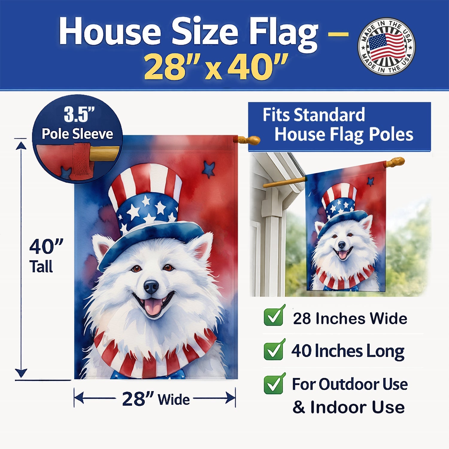 American Eskimo Patriotic American House Flag 28x40 Porch Sleeve Pole Decorative Outside Yard Banner Artwork Wall Hanging, Polyester
