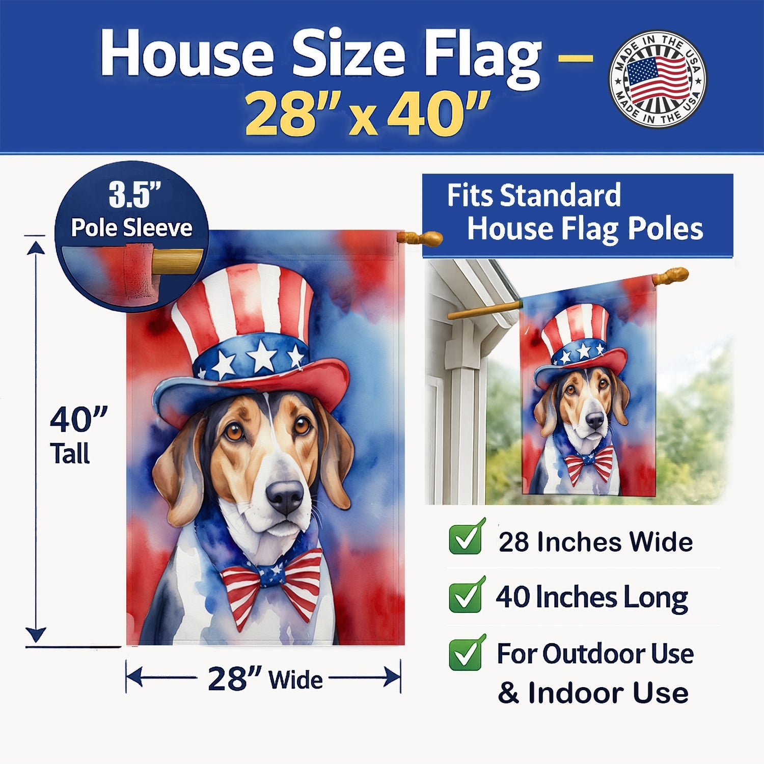 American Foxhound Patriotic American House Flag 28x40 Porch Sleeve Pole Decorative Outside Yard Banner Artwork Wall Hanging, Polyester