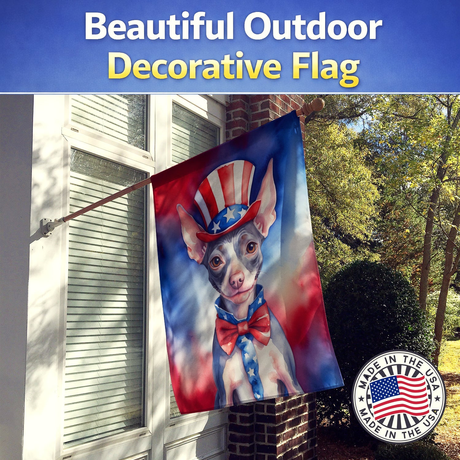 American Hairless Terrier Patriotic American House Flag 28x40 Porch Sleeve Pole Decorative Outside Yard Banner Artwork Wall Hanging, Polyester