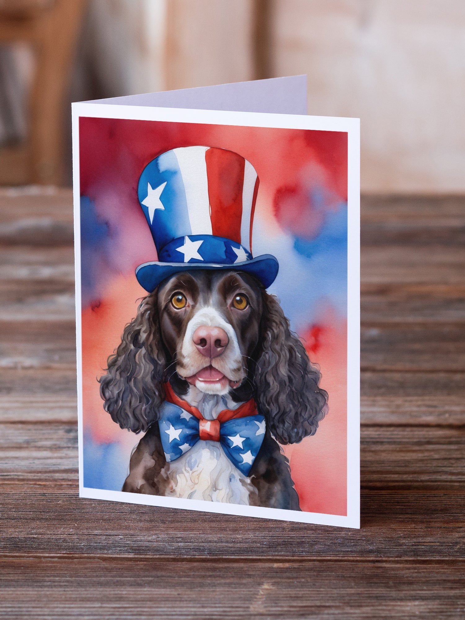 American Water Spaniel Patriotic American Greeting Cards Pack of 8 Blank Cards with Envelopes Whimsical A7 Size 5x7