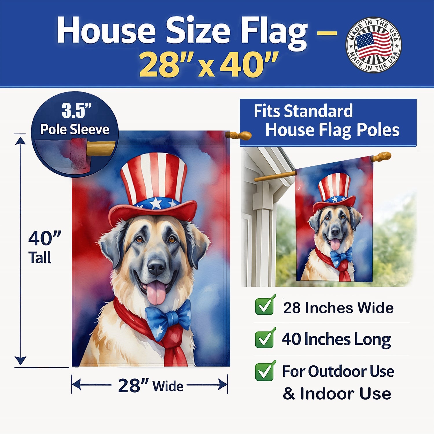 Anatolian Shepherd Patriotic American House Flag 28x40 Porch Sleeve Pole Decorative Outside Yard Banner Artwork Wall Hanging, Polyester