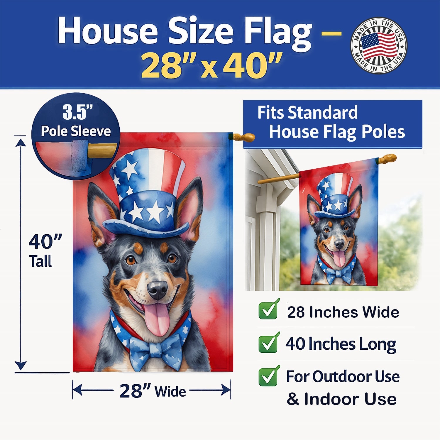 Australian Cattle Dog Patriotic American House Flag 28x40 Porch Sleeve Pole Decorative Outside Yard Banner Artwork Wall Hanging, Polyester
