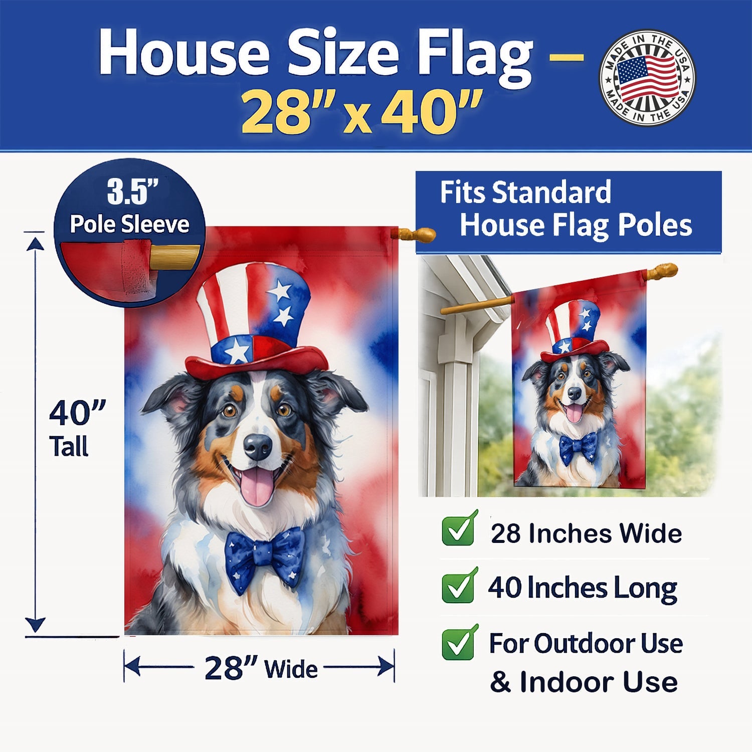 Australian Shepherd Patriotic American House Flag 28x40 Porch Sleeve Pole Decorative Outside Yard Banner Artwork Wall Hanging, Polyester