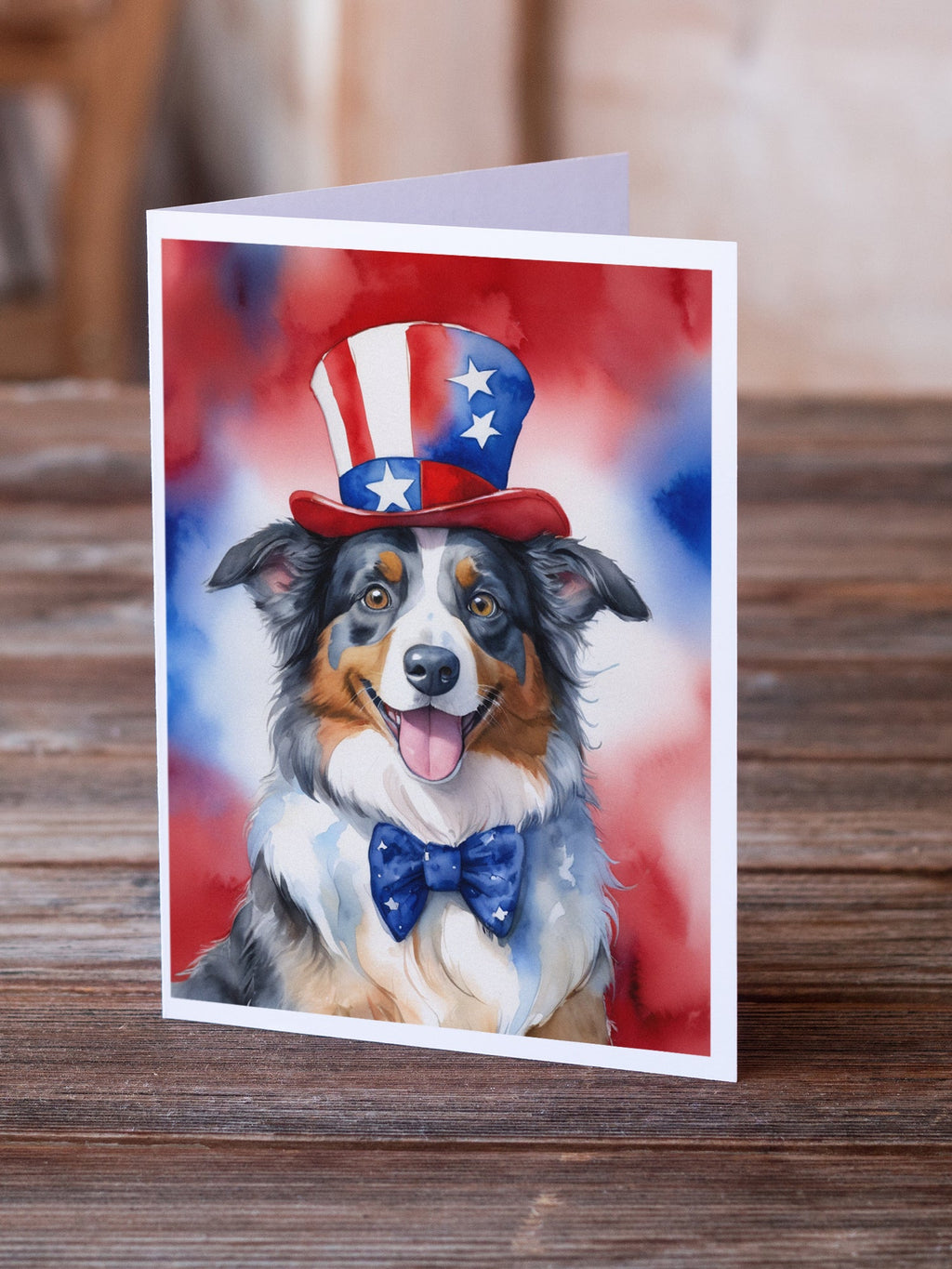 Australian Shepherd Patriotic American Greeting Cards Pack of 8 Blank Cards with Envelopes Whimsical A7 Size 5x7