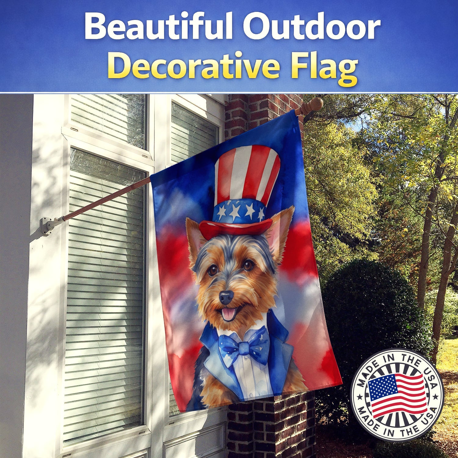 Australian Terrier Patriotic American House Flag 28x40 Porch Sleeve Pole Decorative Outside Yard Banner Artwork Wall Hanging, Polyester