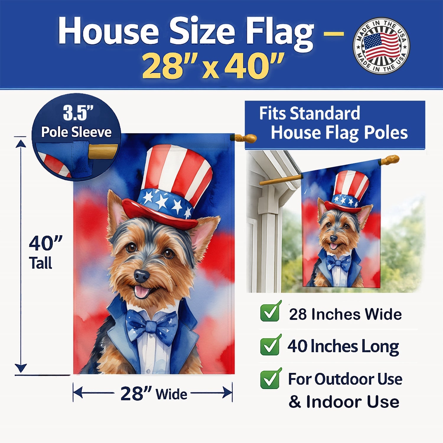 Australian Terrier Patriotic American House Flag 28x40 Porch Sleeve Pole Decorative Outside Yard Banner Artwork Wall Hanging, Polyester