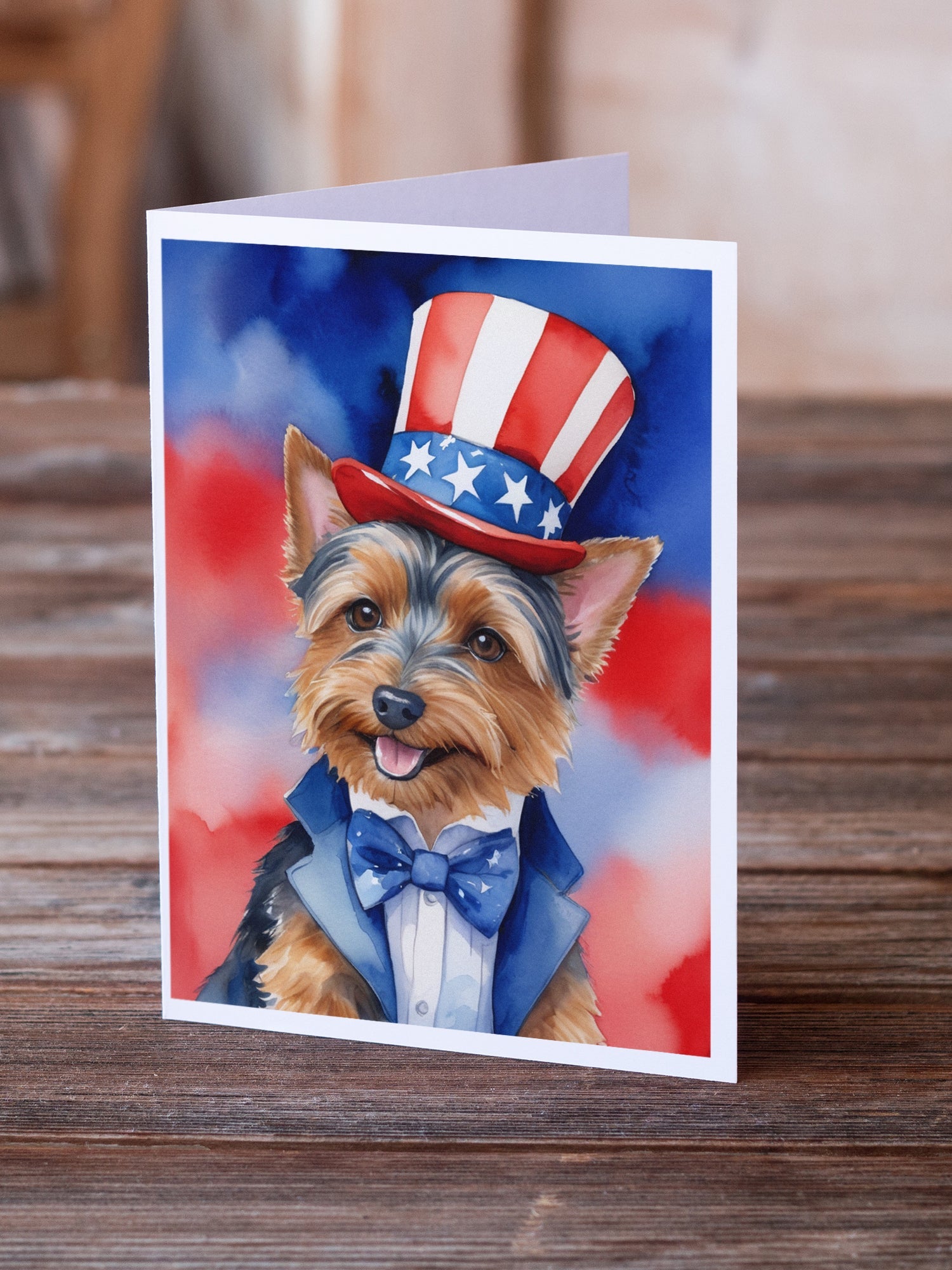 Australian Terrier Patriotic American Greeting Cards Pack of 8 Blank Cards with Envelopes Whimsical A7 Size 5x7