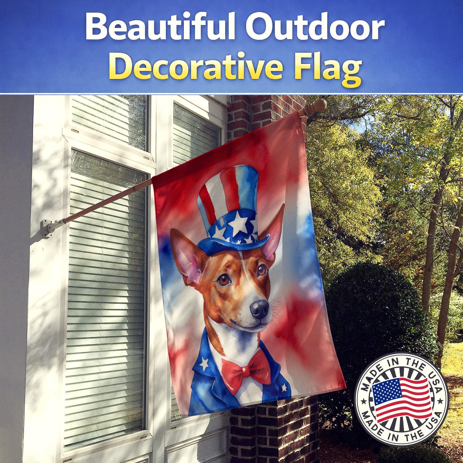 Basenji Patriotic American House Flag 28x40 Porch Sleeve Pole Decorative Outside Yard Banner Artwork Wall Hanging, Polyester