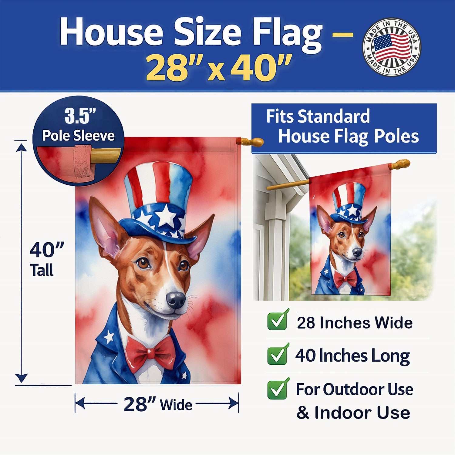 Basenji Patriotic American House Flag 28x40 Porch Sleeve Pole Decorative Outside Yard Banner Artwork Wall Hanging, Polyester