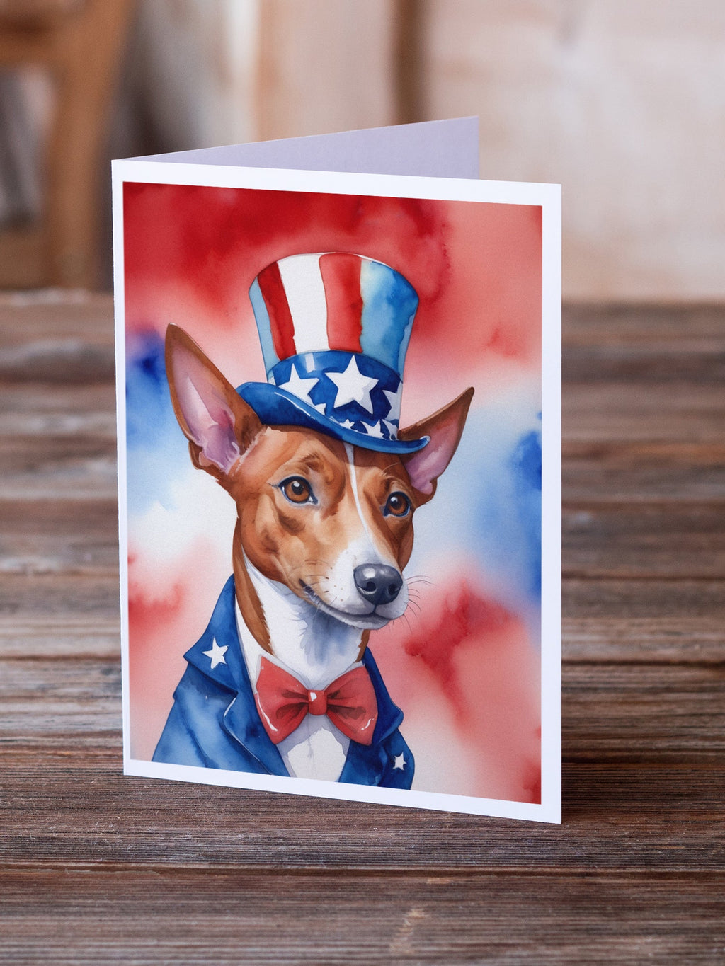 Basenji Patriotic American Greeting Cards Pack of 8 Blank Cards with Envelopes Whimsical A7 Size 5x7