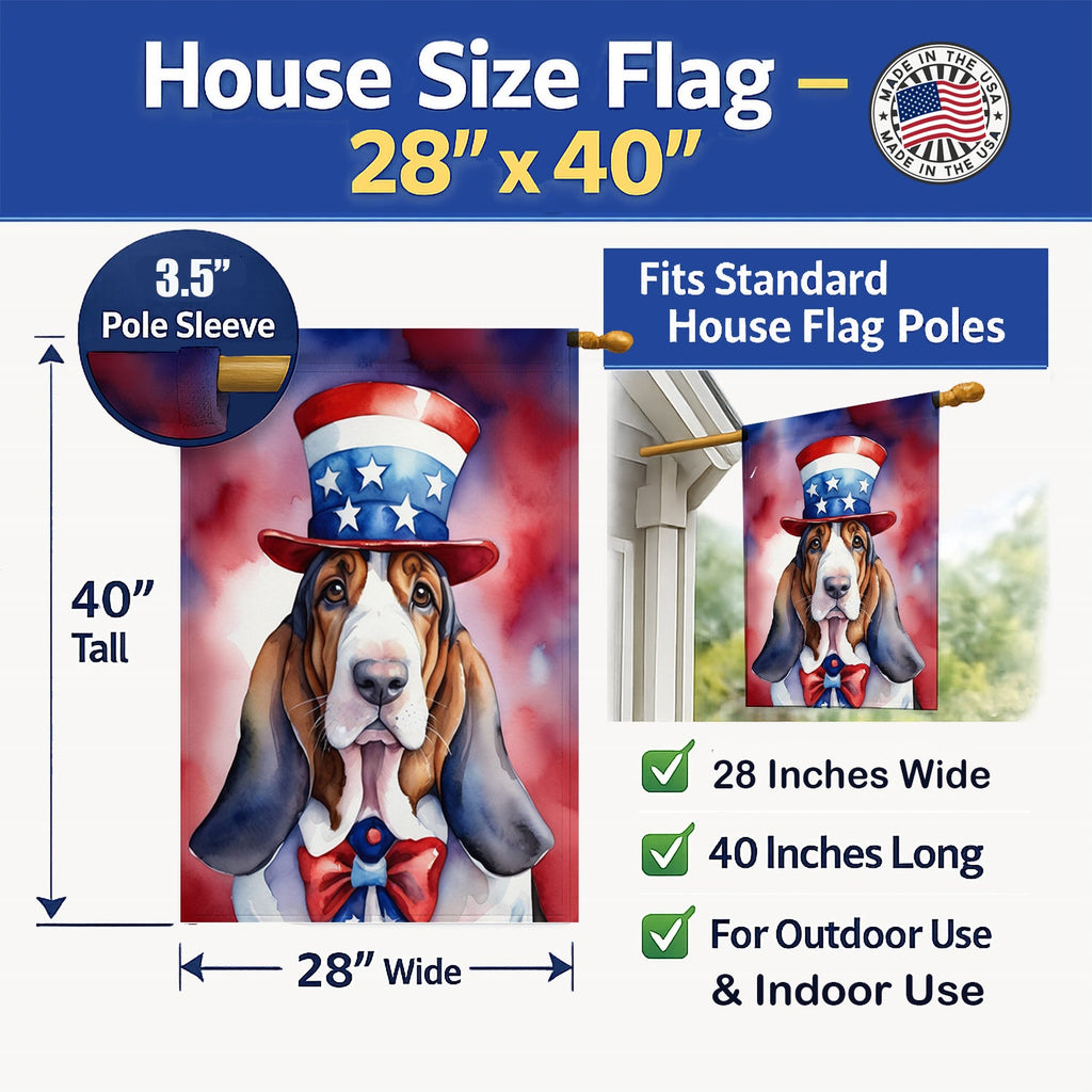Basset Hound Patriotic American House Flag 28x40 Porch Sleeve Pole Decorative Outside Yard Banner Artwork Wall Hanging, Polyester