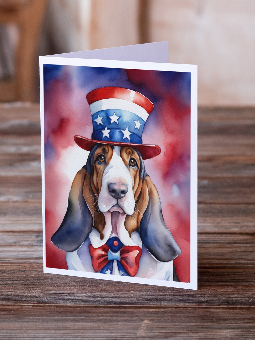 Basset Hound Patriotic American Greeting Cards Pack of 8 Blank Cards with Envelopes Whimsical A7 Size 5x7