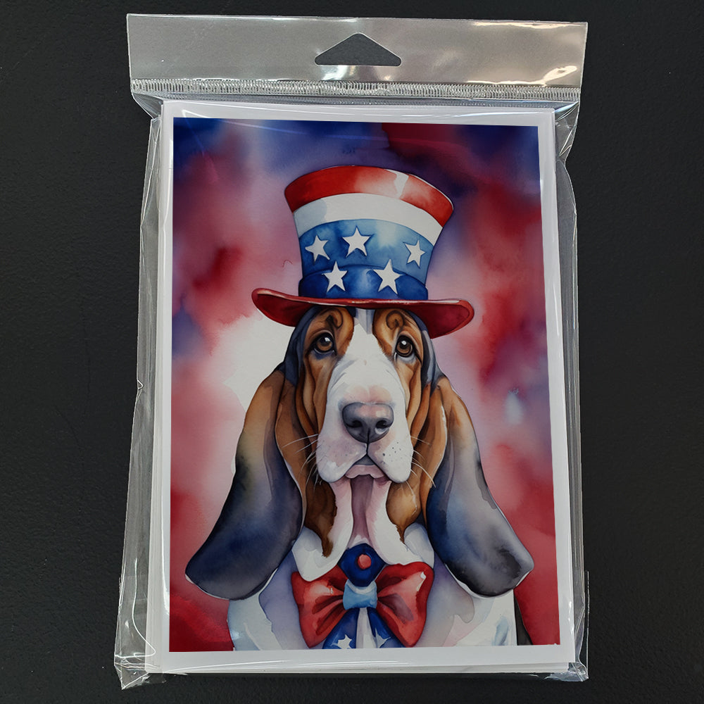 Basset Hound Patriotic American Greeting Cards Pack of 8 Blank Cards with Envelopes Whimsical A7 Size 5x7