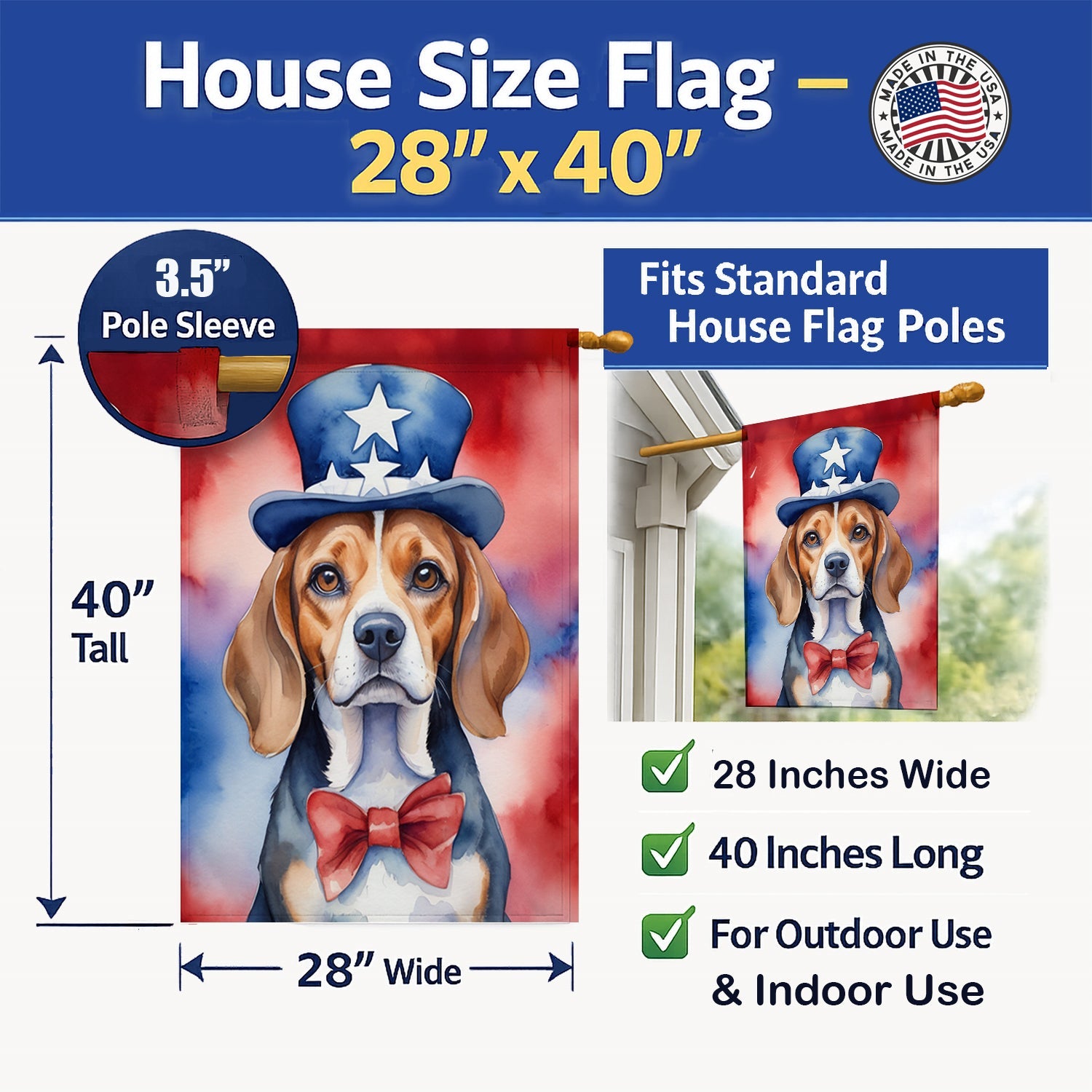 Beagle Patriotic American House Flag 28x40 Porch Sleeve Pole Decorative Outside Yard Banner Artwork Wall Hanging, Polyester