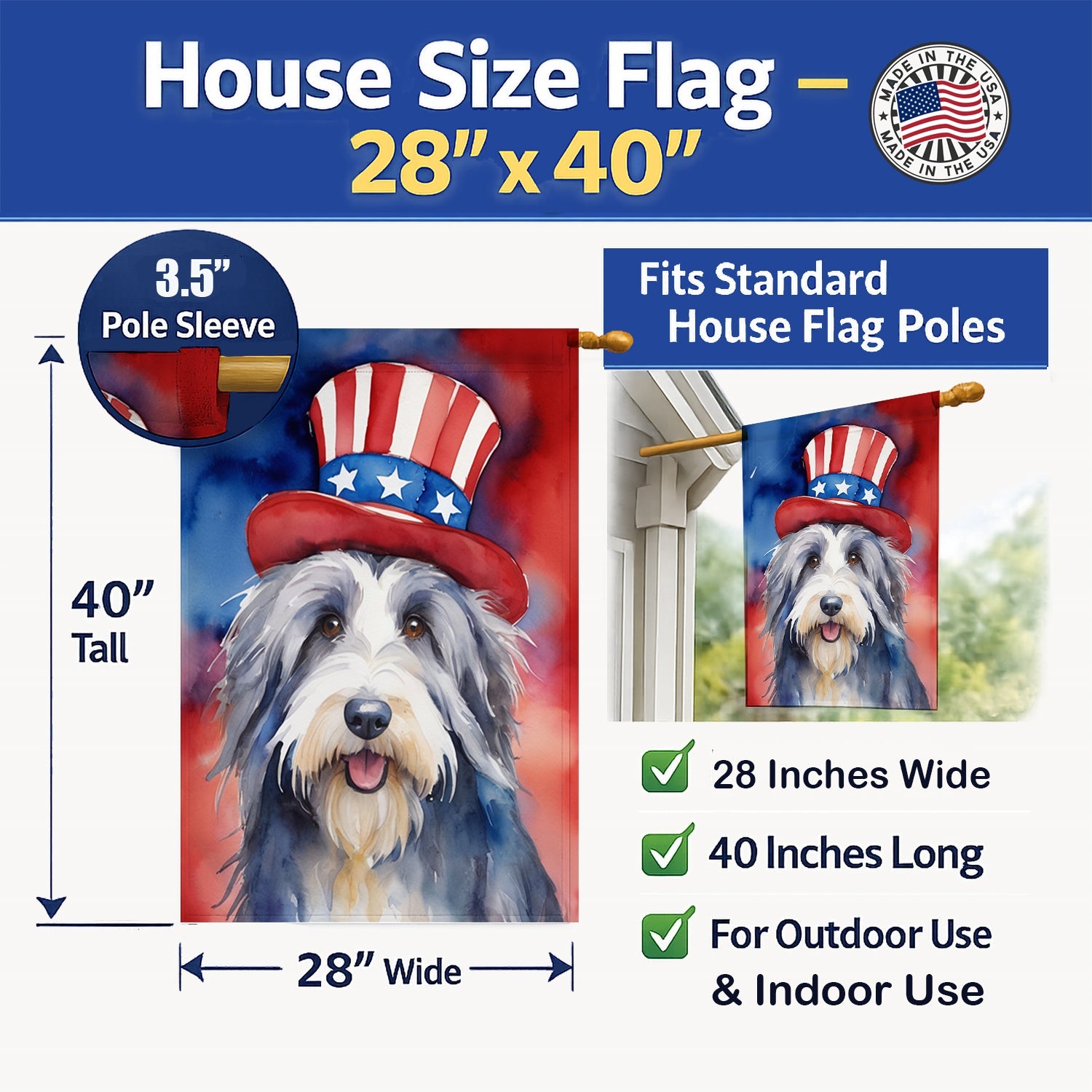 Bearded Collie Patriotic American House Flag 28x40 Porch Sleeve Pole Decorative Outside Yard Banner Artwork Wall Hanging, Polyester