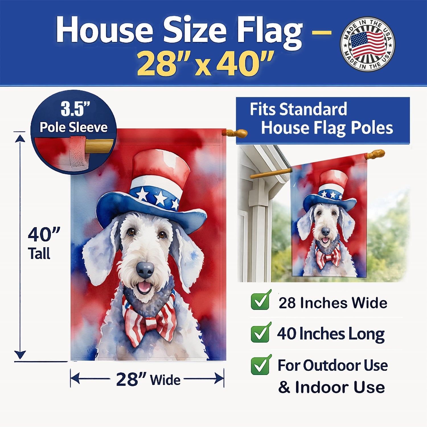 Bedlington Terrier Patriotic American House Flag 28x40 Porch Sleeve Pole Decorative Outside Yard Banner Artwork Wall Hanging, Polyester