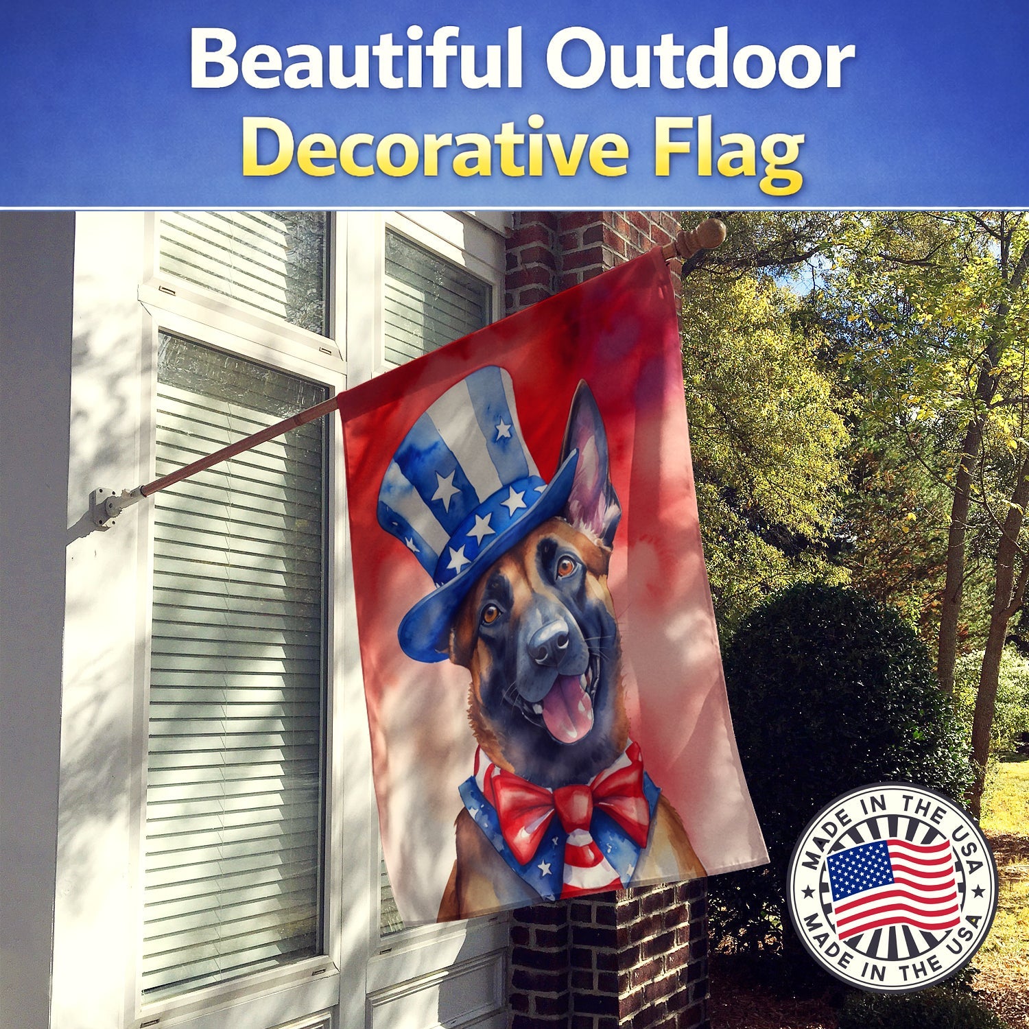 Belgian Malinois Patriotic American House Flag 28x40 Porch Sleeve Pole Decorative Outside Yard Banner Artwork Wall Hanging, Polyester