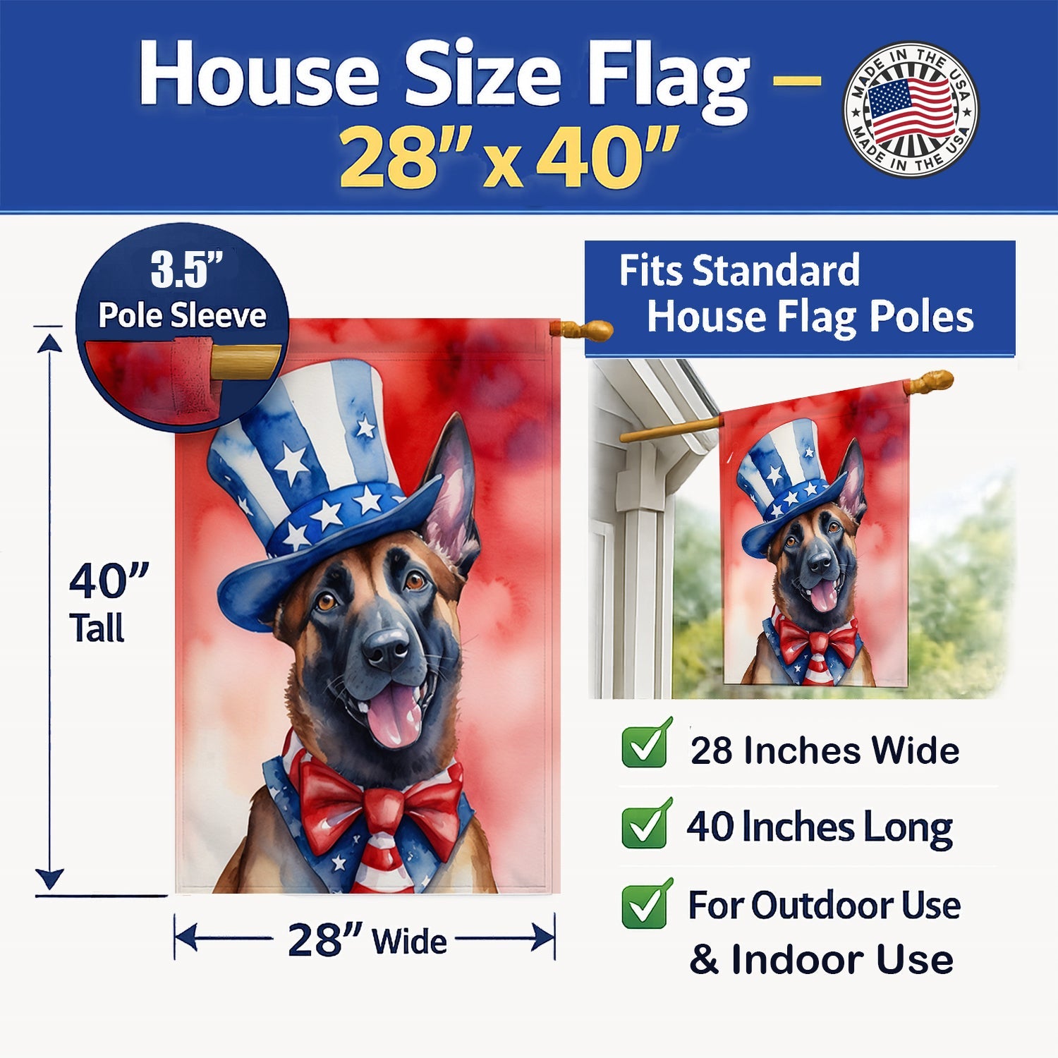 Belgian Malinois Patriotic American House Flag 28x40 Porch Sleeve Pole Decorative Outside Yard Banner Artwork Wall Hanging, Polyester