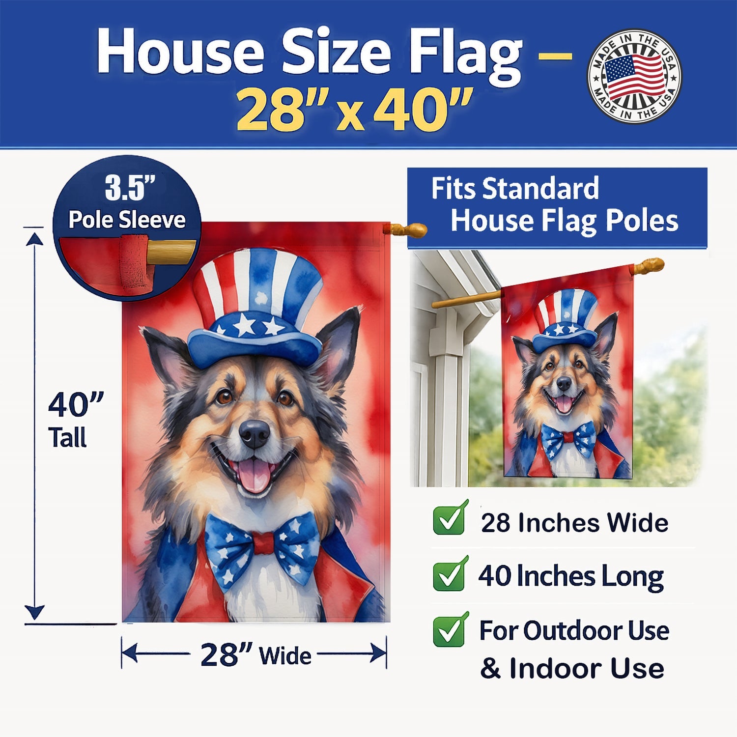 Belgian Tervuren Patriotic American House Flag 28x40 Porch Sleeve Pole Decorative Outside Yard Banner Artwork Wall Hanging, Polyester