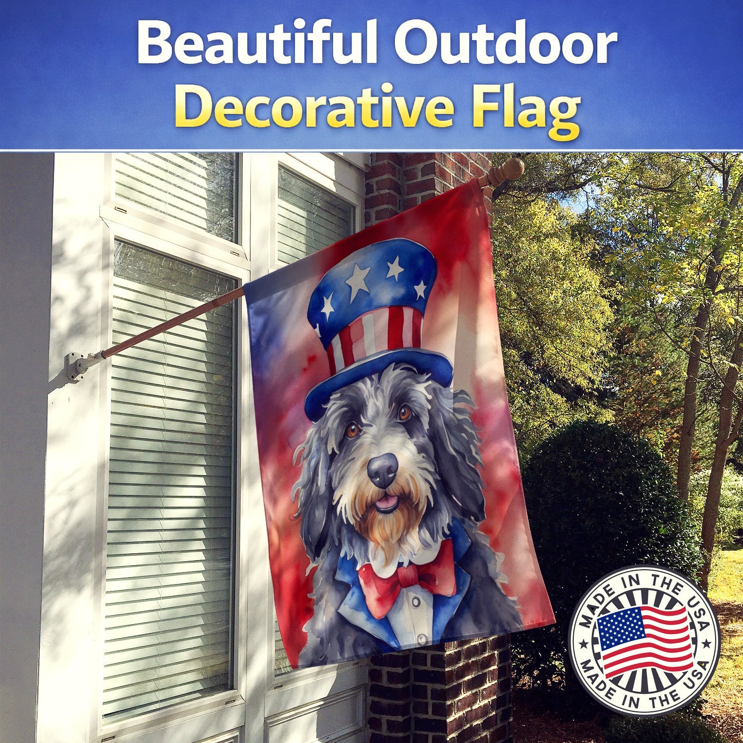Bergamasco Sheepdog Patriotic American House Flag 28x40 Porch Sleeve Pole Decorative Outside Yard Banner Artwork Wall Hanging, Polyester