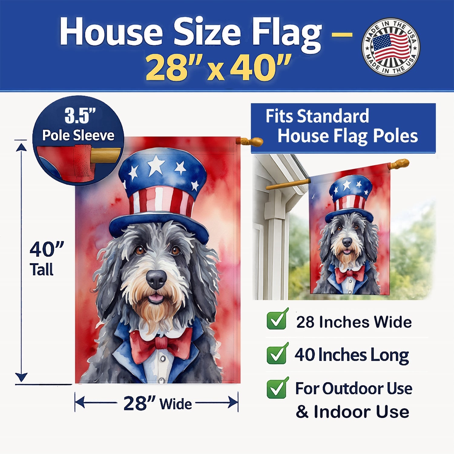 Bergamasco Sheepdog Patriotic American House Flag 28x40 Porch Sleeve Pole Decorative Outside Yard Banner Artwork Wall Hanging, Polyester