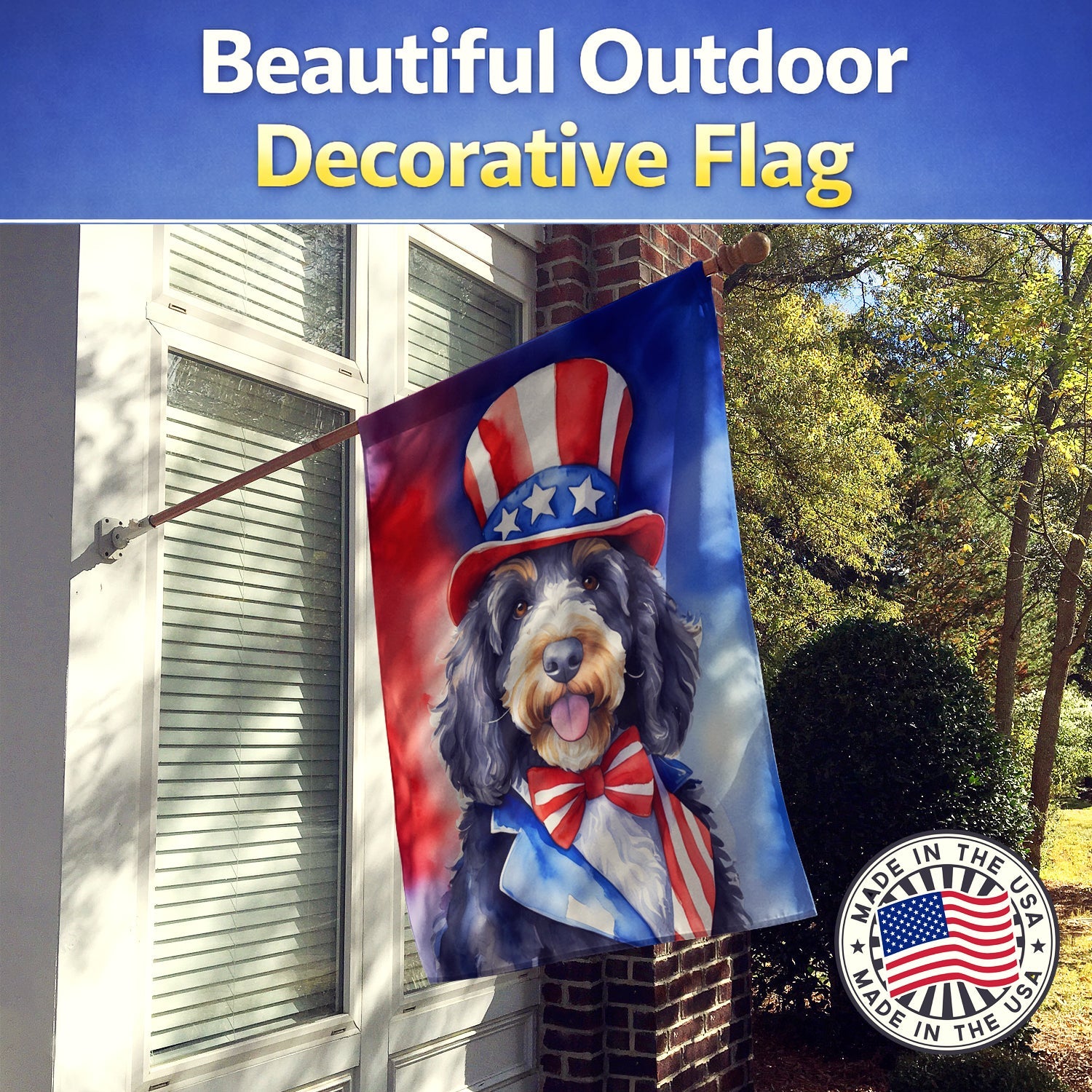 Bernedoodle Patriotic American House Flag 28x40 Porch Sleeve Pole Decorative Outside Yard Banner Artwork Wall Hanging, Polyester