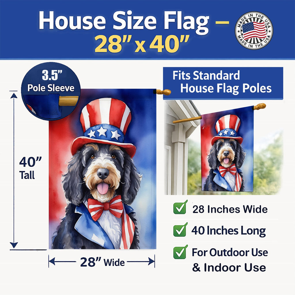 Bernedoodle Patriotic American House Flag 28x40 Porch Sleeve Pole Decorative Outside Yard Banner Artwork Wall Hanging, Polyester